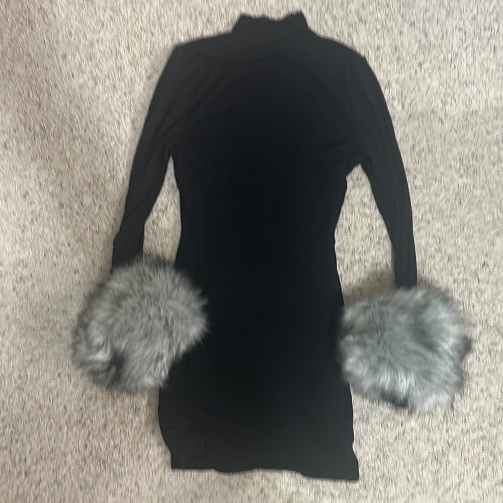 Windsor ribbed black turtleneck long sleeve mini dress with furry sleeves